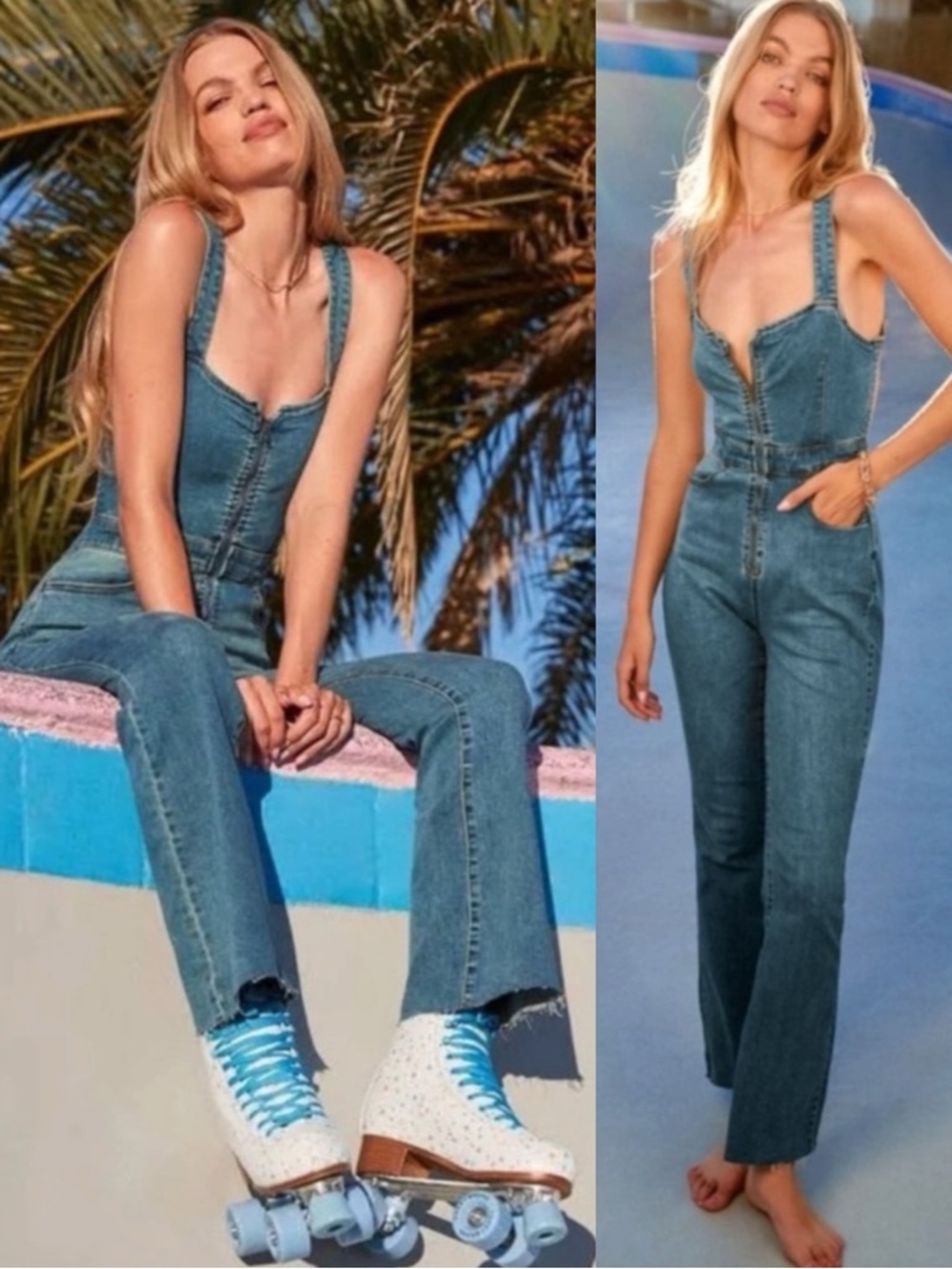 Free People CRVY Bohemian Retro 70s 2nd Ave Denim One Piece Jumpsuit Size 8 NEW